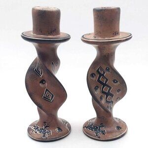Vintage Soapstone Candle Holders Handpainted With Lizards Folk Art Ethnic Design
